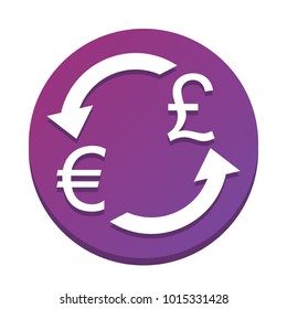 Currency exchange sign. Euro and UK Pound. Vector. White icon with flat shadow on purpureus circle at white background. Isolated.
