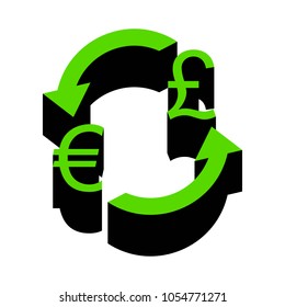 Currency exchange sign. Euro and UK Pound. Vector. Green 3d icon with black side on white background. Isolated.