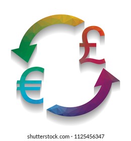 Currency exchange sign. Euro and UK Pound. Vector. Colorful icon with bright texture of mosaic with soft shadow on white background. Isolated.