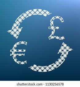 Currency exchange sign. Euro and UK Pound. Vector. White textured icon at lapis lazuli gradient background.