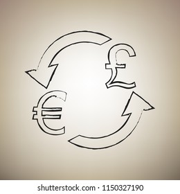 Currency exchange sign. Euro and UK Pound. Vector. Brush drawed black icon at light brown background.