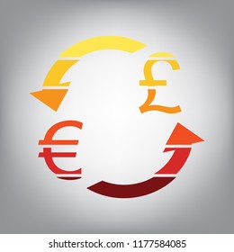 Currency exchange sign. Euro and UK Pound. Vector. Horizontally sliced icon with colors from sunny gradient in gray background.