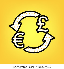 Currency exchange sign. Euro and UK Pound. Vector. Yellow polka dot white icon with black contour at warm yellow background.