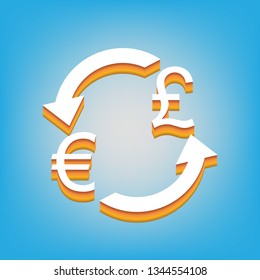 Currency exchange sign. Euro and UK Pound. Vector. White icon with 3d warm-colored gradient body at sky blue background.