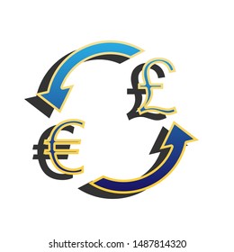 Currency exchange sign. Euro and UK Pound. Blue icon with gold contour with dark gray shadow at white background. Illustration.