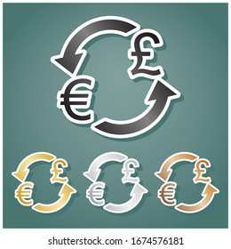 Currency exchange sign. Euro and UK Pound. Set of metallic Icons with gray, gold, silver and bronze gradient with white contour and shadow at viridan background. Illustration.