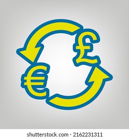 Currency exchange sign. Euro and UK Pound. Icon in colors of Ukraine flag (yellow, blue) at gray Background. Illustration.