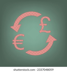 Currency exchange sign. Euro and UK Pound. Apricot Icon with Brick Red parquet floor graphic pattern on a Ebony background. Feldgrau. Green. Illustration.