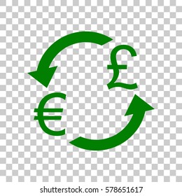 Currency exchange sign. Euro and UK Pound. Dark green icon on transparent background.