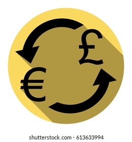 Currency exchange sign. Euro and UK Pound. Vector. Flat black icon with flat shadow on royal yellow circle with white background. Isolated.