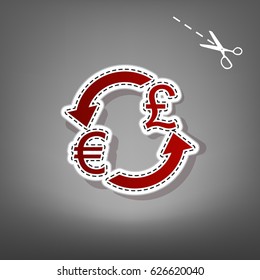 Currency exchange sign. Euro and UK Pound. Vector. Red icon with for applique from paper with shadow on gray background with scissors.