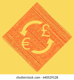 Currency exchange sign. Euro and UK Pound. Vector. Red scribble icon obtained as a result of subtraction rhomb and path. Royal yellow background.