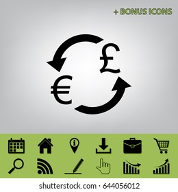 Currency exchange sign. Euro and UK Pound. Vector. Black icon at gray background with bonus icons 