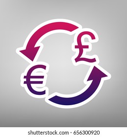 Currency exchange sign. Euro and UK Pound. Vector. Purple gradient icon on white paper at gray background.
