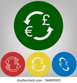 Currency exchange sign. Euro and UK Pound. Vector. 4 white styles of icon at 4 colored circles on light gray background.