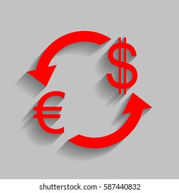 Currency exchange sign. Euro and US Dollar. Vector. Red icon with soft shadow on gray background.