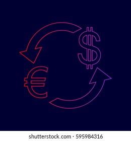 Currency exchange sign. Euro and US Dollar. Vector. Line icon with gradient from red to violet colors on dark blue background.