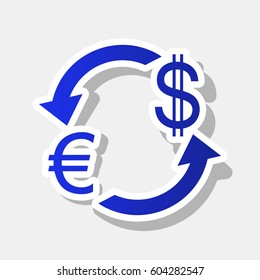 Currency exchange sign. Euro and US Dollar. Vector. New year bluish icon with outside stroke and gray shadow on light gray background.