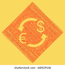 Currency exchange sign. Euro and US Dollar. Vector. Red scribble icon obtained as a result of subtraction rhomb and path. Royal yellow background.