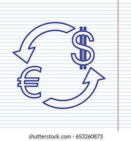 Currency exchange sign. Euro and US Dollar. Vector. Navy line icon on notebook paper as background with red line for field.