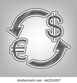 Currency exchange sign. Euro and US Dollar. Vector. Pencil sketch imitation. Dark gray scribble icon with dark gray outer contour at gray background.