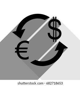 Currency exchange sign. Euro and US Dollar. Vector. Black icon with two flat gray shadows on white background.