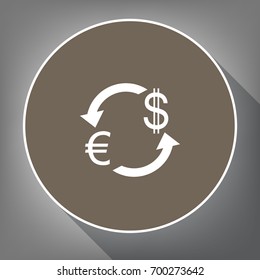 Currency exchange sign. Euro and US Dollar. Vector. White icon on brown circle with white contour and long shadow at gray background. Like top view on postament.