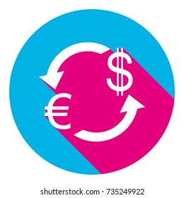 Currency exchange sign. Euro and US Dollar. Vector. Flat white icon with mexican pink shadow inside sky blue(S and G) circle at white background. Isolated. Trend colors in 2017.