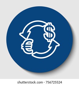 Currency exchange sign. Euro and US Dollar. Vector. White contour icon in dark cerulean circle at white background. Isolated.