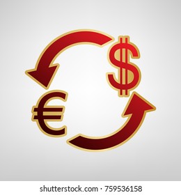 Currency exchange sign. Euro and US Dollar. Vector. Red icon on gold sticker at light gray background.