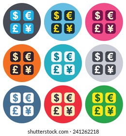 Currency exchange sign icon. Currency converter symbol. Money label. Colored round buttons. Flat design circle icons set. Vector