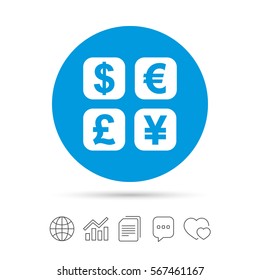 Currency exchange sign icon. Currency converter symbol. Money label. Copy files, chat speech bubble and chart web icons. Vector