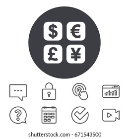 Currency exchange sign icon. Currency converter symbol. Money label. Calendar, Locker and Speech bubble line signs. Video camera, Statistics and Question icons. Vector