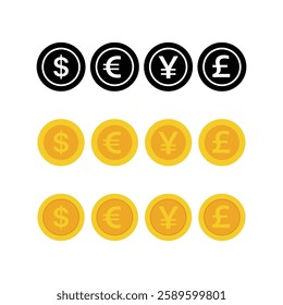 Currency exchange sign icons. Dollar, euro, pound sterling, yen symbols in circles. Flat design. Vector. Currency symbol icons set. Dollar sign. Usd vector icon. Us dollar symbol. Money coin. 