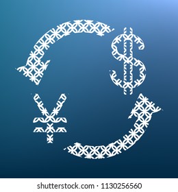 Currency exchange sign. Japan Yen and US Dollar. Vector. White textured icon at lapis lazuli gradient background.