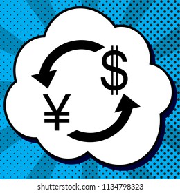 Currency exchange sign. Japan Yen and US Dollar. Vector. Black icon in bubble on blue pop-art background with rays.