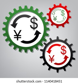 Currency exchange sign. Japan Yen and US Dollar. Vector. Three connected gears with icons at grayish background.