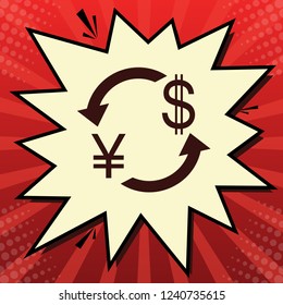 Currency exchange sign. Japan Yen and US Dollar. Vector. Dark red icon in lemon chiffon shutter bubble at red popart background with rays.