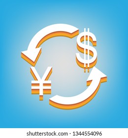 Currency exchange sign. Japan Yen and US Dollar. Vector. White icon with 3d warm-colored gradient body at sky blue background.