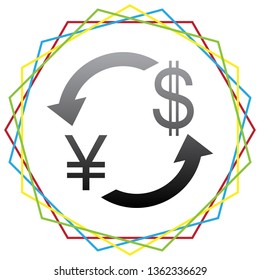 Currency exchange sign. Japan Yen and US Dollar. Vector. Black icon with patch of light inside colorful hexagonal frames at white background.