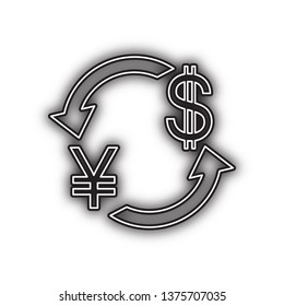 Currency exchange sign. Japan Yen and US Dollar. Vector. Double contour black icon with soft shadow at white background. Isolated.