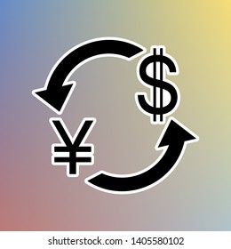 Currency exchange sign. Japan Yen and US Dollar. Black icon in white shell at pastel color background. Illustration.