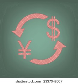 Currency exchange sign. Japan Yen and US Dollar. Apricot Icon with Brick Red parquet floor graphic pattern on a Ebony background. Feldgrau. Green. Illustration.