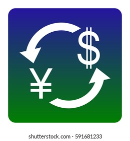 Currency exchange sign. Japan Yen and US Dollar. Vector. White icon at green-blue gradient square with rounded corners on white background. Isolated.