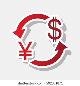 Currency exchange sign. Japan Yen and US Dollar. Vector. New year reddish icon with outside stroke and gray shadow on light gray background.