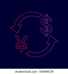 Currency exchange sign. Japan Yen and US Dollar. Vector. Line icon with gradient from red to violet colors on dark blue background.