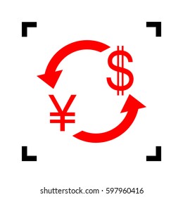 Currency exchange sign. Japan Yen and US Dollar. Vector. Red icon inside black focus corners on white background. Isolated.