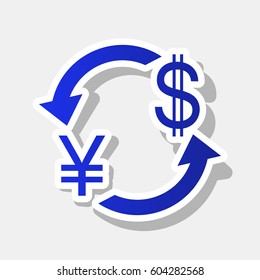 Currency exchange sign. Japan Yen and US Dollar. Vector. New year bluish icon with outside stroke and gray shadow on light gray background.