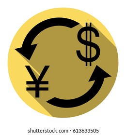 Currency exchange sign. Japan Yen and US Dollar. Vector. Flat black icon with flat shadow on royal yellow circle with white background. Isolated.