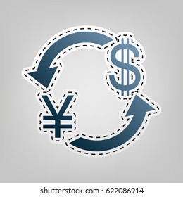 Currency exchange sign. Japan Yen and US Dollar. Vector. Blue icon with outline for cutting out at gray background.